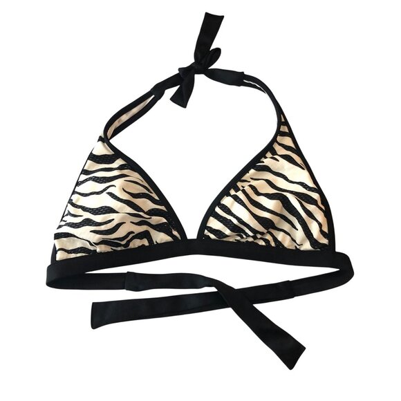 Guess Bikini Top Triangle Halter Removable Cups Zebra Stripe Black White L - Picture 1 of 4